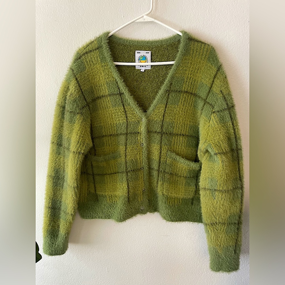 UNIF Green Plaid Cardigan Sweater Women’s Size Small - Picture 2 of 9